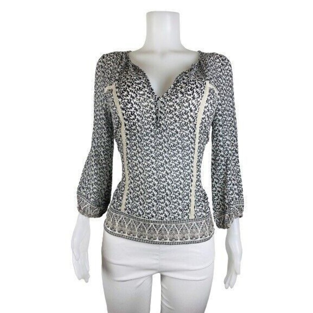 F. Joie Top Size M Multicolor Mesh V Neck Blouse 3/4 Sleeve Shirt. N44